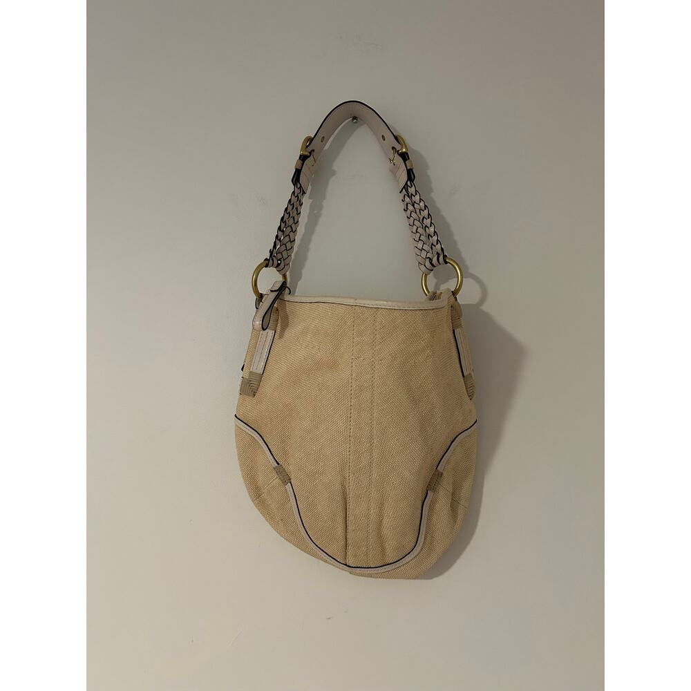 Coach VTG Tan Natural Braided Leather Soho Canvas Beige GUC Buckles Gold Purse - Picture 2 of 15